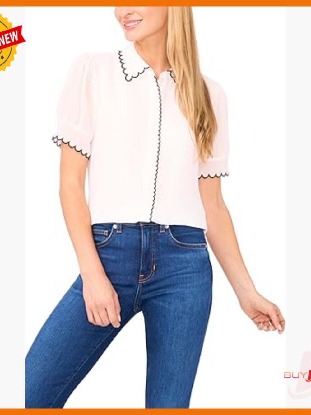 Short Sleeve Button Front Blouse with Scallop Trim, Regular Fit